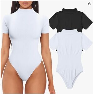 Women's 2 Piece Bodysuits Sexy Ribbed High Neck Short Sleeve‎ Black/White size M